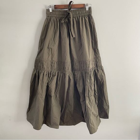Lee Mathews | Women’s Annie Skirt Olive Green Juniper Pull-On Drawstring Tiered - Picture 3 of 10